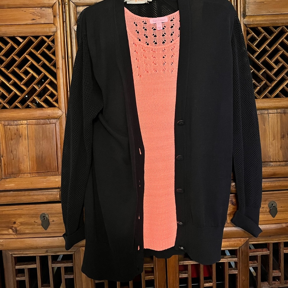 TORY BURCH NAVY HONEYCOMB-KNIT SLEEVE AND BACK CARDIGAN SWEATER